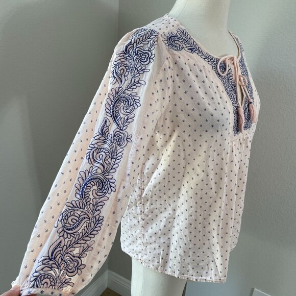 Lucky Brand Womens Medium Embroidered Peasant Blouse Tassel Tie Neck Shirt Top - Picture 3 of 10